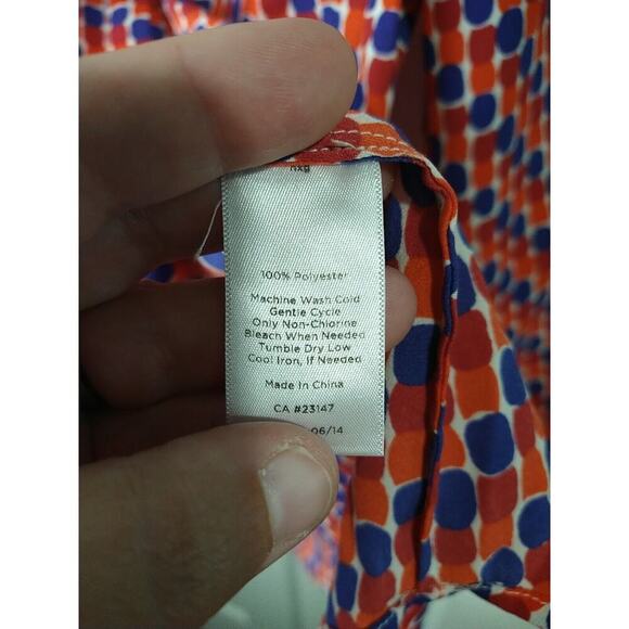 Talbots Woman M Blouse Red Blue Plpolka Dot Long Button Sleeve Semi Sheer - Picture 9 of 10